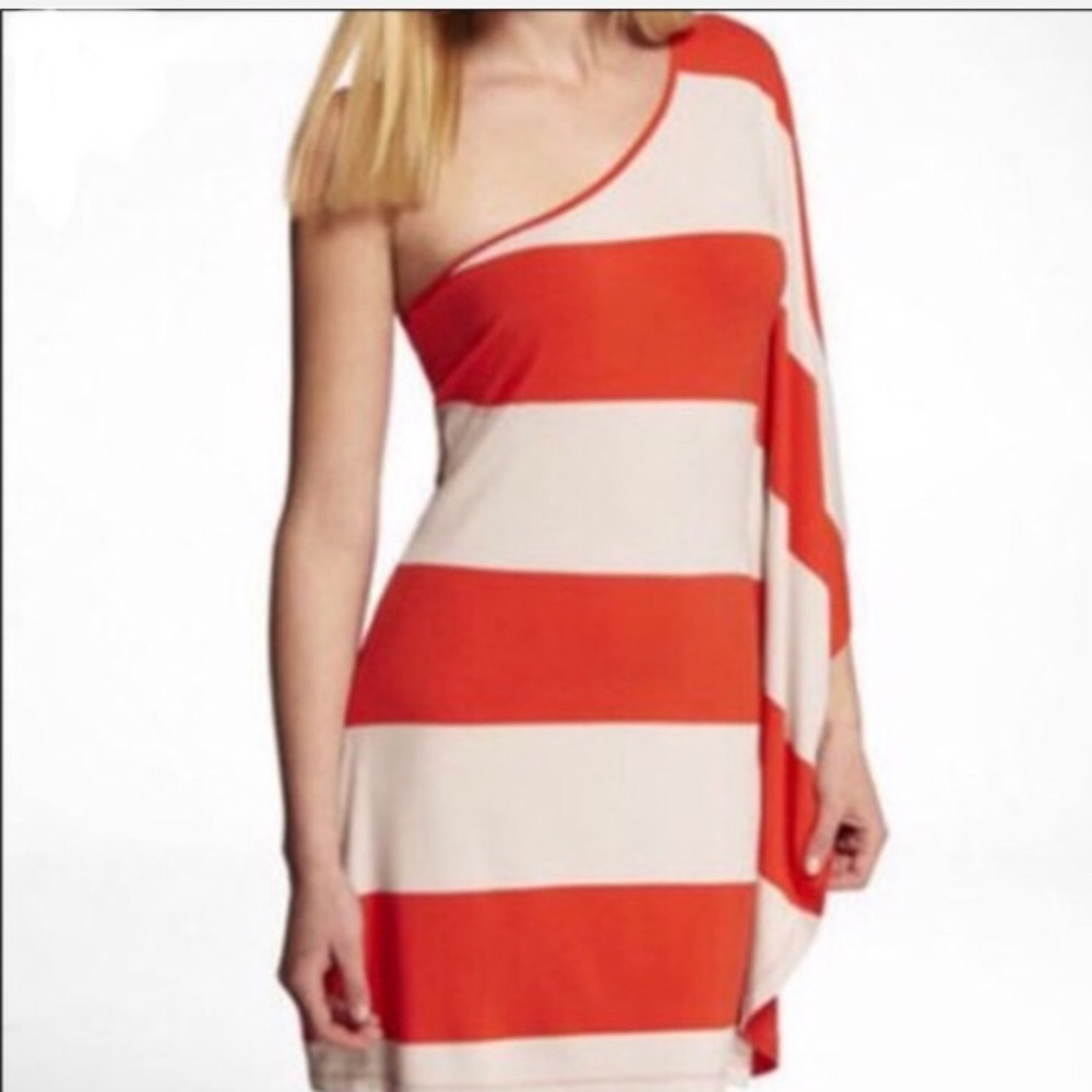 Express One-Shoulder Orange/Cream Drape Dress